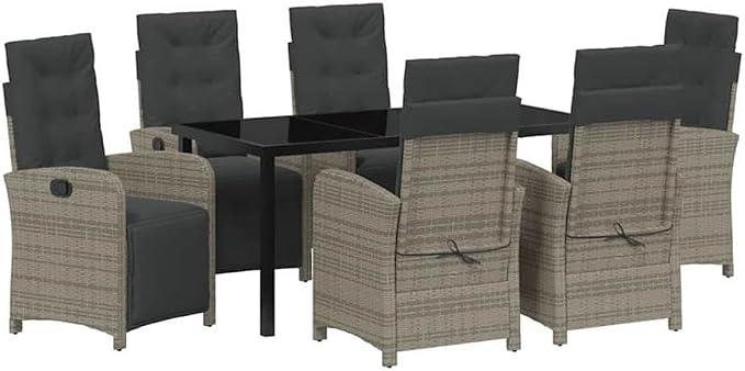 Afuera Living 7 Piece Poly Rattan Garden Dining Set, Gray Finish, Tempered Glass Top, Cushions Included, Ergonomic Armrests, Weather-Resistant Patio Dining Furniture for Outdoor and Garden Use