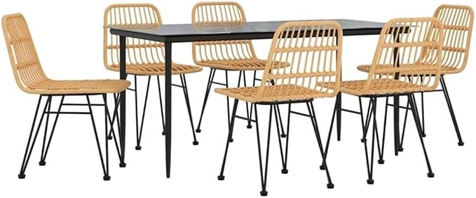 Afuera Living 7 Piece Rectangular Garden Dining Set, Powder-Coated Steel and UV Resistant Poly Rattan, Black Finish, 63 x 31.5 x 29.1 in, Tempered Glass Tabletop, Indoor/Outdoor Use for Patio or