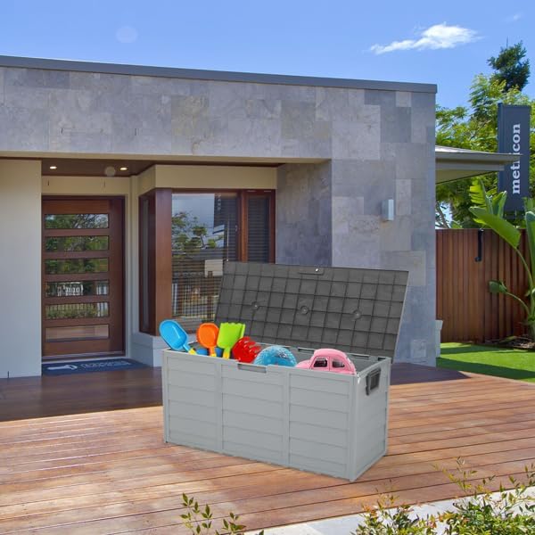 75 gal 260L Outdoor Garden Storage Deck Box, Resin Large Outdoor Storage Boxes for Patio, Outdoor Cushions, Garden Tools Chest Tools Cushions Toys Lockable Seat Grey