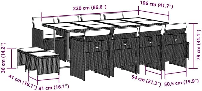 Large Garden Dining Set for 12 People, Black PE Rattan and Tempered Glass, Foldable Chairs and Stackable Stools for Patio, Balcony, Backyard