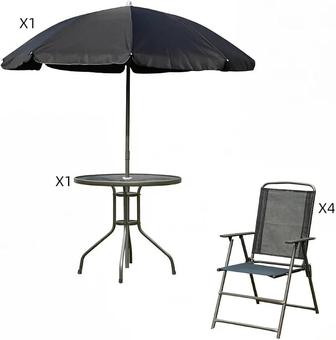 6-Piece Outdoor Dining Set with Umbrella, 4-Person Patio Furniture Set, Folding Chairs & Tempered Glass Table, 31.5" Dia. Table