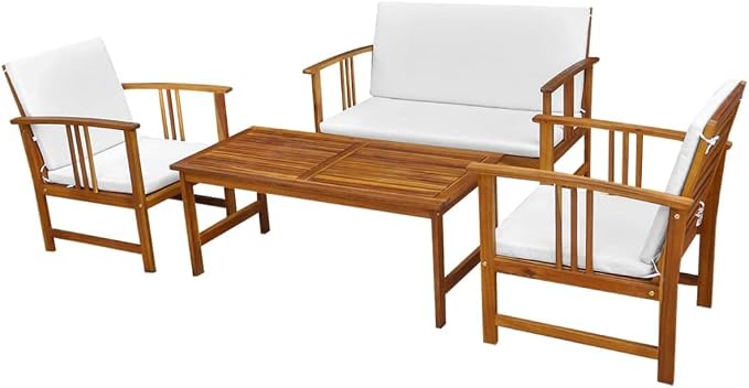 4-Piece Brown Acacia Wood Outdoor Dining Set | Includes a rectangular table, one bench, and two chairs, providing rustic seating for balconies, patios, and terraces.
