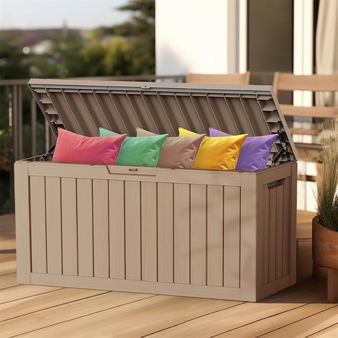 EasyUp 85Gal Outdoor Deck Box Waterproof, Lager Patio Storage Box Indoor and Outdoor Use, Lockable Resin Storage Bin for Patio Furniture Cushions Garden Tools, Package Delivery,UV Resistant-Grey