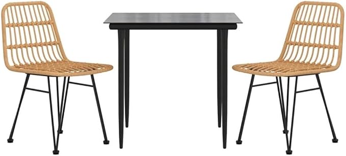 Afuera Living 3-Piece Patio Dining Set, Polyethylene Rattan & Steel, Black Finish, Includes Rectangular Tempered Glass Table and 2 Chairs, Weather-Resistant Outdoor Furniture for Garden or Balcony