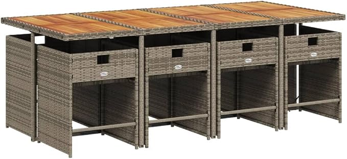 9 Piece Patio Dining Set, Outdoor PE Rattan Furniture with Acacia Wood Table and 8 Foldable Chairs, Comfortable Cushioned Seating for Garden Backyard Deck