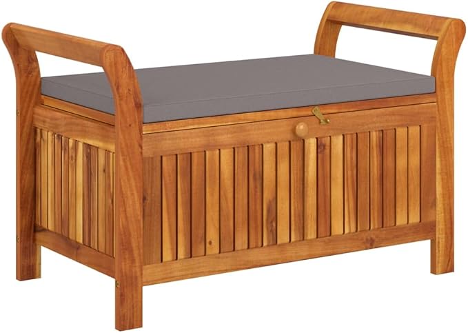 Wooden Outdoor Patio Storage Bench Large Deck Box with Brown Cushion 35.8"x19.7"x23.6" Solid Wood Acacia Storage Box Deck Box with Seat for Garden, Balcony, Porch, Pool,Yard