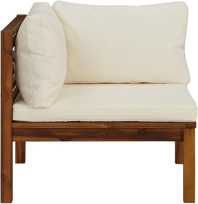 Sectional Corner Sofa with Cream White Cushion, Solid Acacia Wood Single Corner Sofa Chair, Outdoor Conversation Set Sectional Sofa Chair for Porch, Deck, Backyard,-426