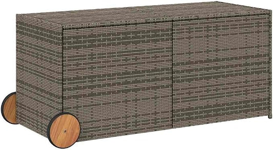 Garden Storage Box with Wheels, 283L Outdoor Patio Storage Box, Grey PE Rattan and Steel, Height Adjustable for Cushions and Blankets