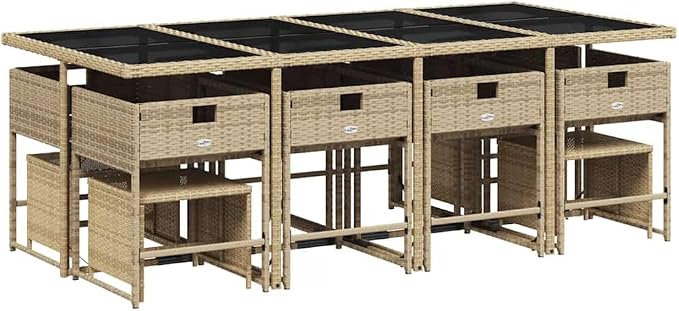 13 Piece Patio Dining Set with Cushions Beige Poly Rattan Outdoor Dining Table and 8 Chairs with Foldable Backrests Tempered Glass Top UV Proof for Garden Backyard