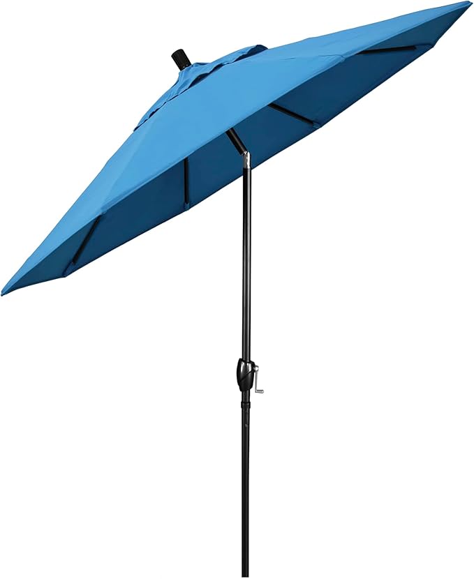 California Umbrella 9' Round Aluminum Market Umbrella, Crank Lift, Push Button Tilt, Black Pole, Frost Blue Olefin