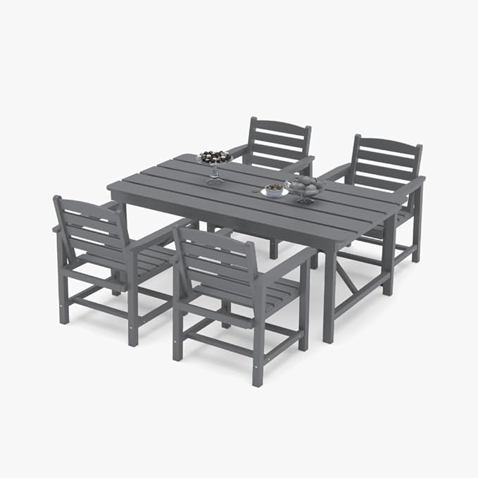 Outdoor HDPE Dining Set 5 Pieces, Patio Table with Umbrella Hole and 4 Chairs, All Weather Patio Furniture for Lawn, Garden, Backyard, Deck, Poolside, Heavy Duty Outdoor Dining Table and Chairs, Grey