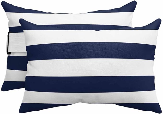 Outdoor Pillow for Chaise Lounge Chair, Simple Stripe Pattern Blue and White Waterproof Headrest Pillow Lumbar Pillows with Adjustable Elastic Strap for Beach, Poolside, Patio, Office (2 Pack)