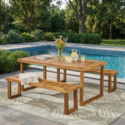 69'' Outdoor Patio Dining Table & 2 Bench for 4, Acacia Wood Dining Table Set Outdoor & Indoor Furniture for Patio Porch Garden, 3-Pcs, Sandblast Natural Finish
