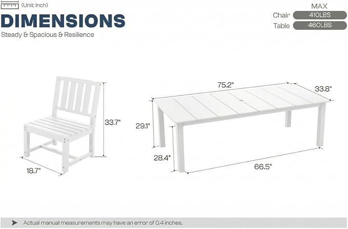 Perli™ 5-Piece Outdoor Dining Set, All-Weather HDPE Patio Furniture with 4 Armless Chairs and Rectangular Table, UV-Resistant 4-Person Set for Deck, Backyard, White