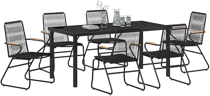 Afuera Living 7-Piece Powder-Coated Steel Patio Dining Set, Black Finish, Rectangular Table, UV-Resistant Materials, Durable Outdoor Furniture for Garden or Patio, Seating Capacity 6