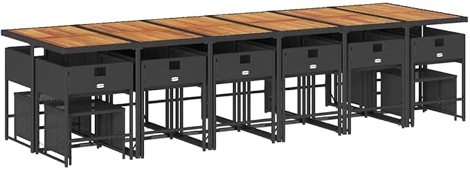 17 Piece Outdoor Patio Dining Set Black and Brown, UV-Resistant Rattan Garden Furniture with Foldable Stackable Design, Large Family Table and High-Back Chairs for 16-Person Frame, Easy Assembly
