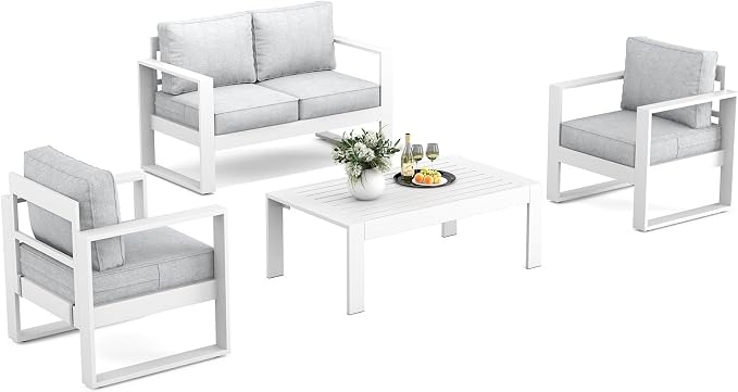 Outdoor Aluminum Furniture Set - 4 Pieces Modern Patio Conversation Sets Metal Sectional Sofa with Coffee Table