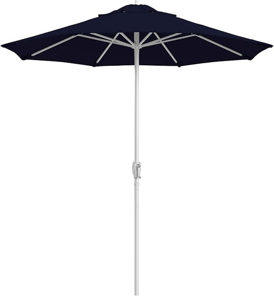 California Umbrella 8-Year Protection 7.5 Ft Outdoor Patio Umbrella, Solstice Fade-Resistant Fabric, Auto-Tilt, Heavy Duty Aluminum Frame, 8 Reinforced Ribs for Pool or Deck, White Pole, Navy Blue
