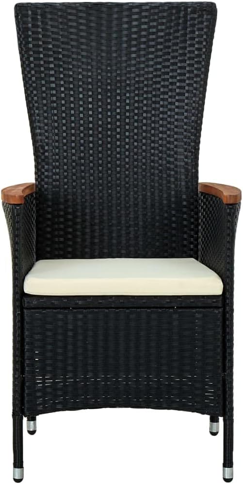 7-Piece Black PE Rattan Patio Dining Set with Cushions | Features 1 table and 6 reclining chairs with acacia wood accents, designed for backyard, deck, and porch family meals.