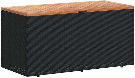 Garden Storage Box with Acacia Wood Top, 43.3"x19.7"x21.3" PE Rattan Outdoor Bench with Water-Proof Bag and Gas Spring, Patio Furniture for Cushions and Blankets