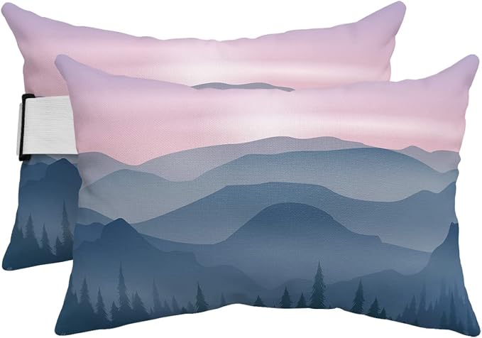 Outdoor Pillows Covers with Inserts Purple Sky Tall Mountains Trees Silhouette Waterproof Recliner Pillow with Adjustable Strap Throw Pillows for Patio Furniture Pool Lounge Chair, 12x20 inch, 2PCS