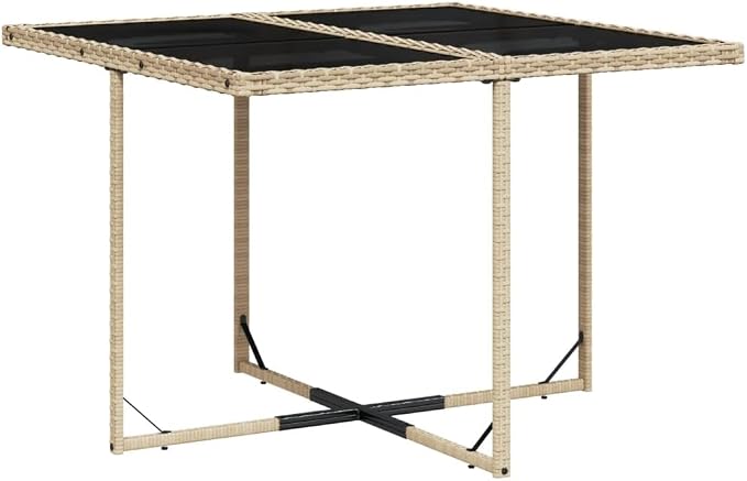 5 Piece Patio Dining Set with Cushions Beige Poly Rattan Outdoor Table and 4 Folding Chairs Tempered Glass Top for Garden Backyard Deck Dining Relaxing UV Proof