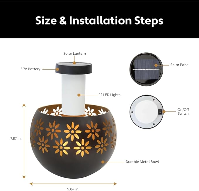 Original Solar Fire Bowl (1-Pack) Outdoor Waterproof Solar Lanterns - Metal Porch Lights with Flickering Flame for Tabletop, Patio, Garden & Landscape Decor (Matte Black)