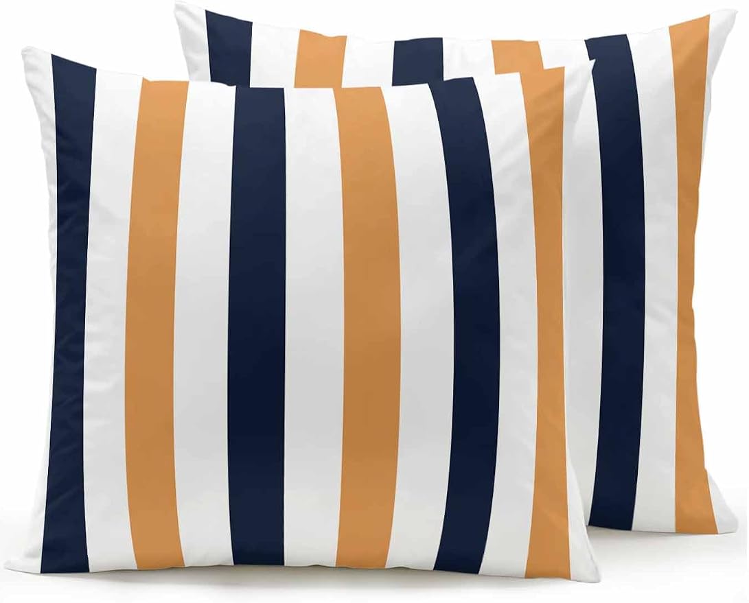 Outdoor Pillows Waterproof, Burnt Orange Navy Blue Striped Bedding Throw Pillows with Insert for Couch Sofa Bed, Farmhouse Stripe Art 18x18 Inch Pillowcases Camping Patio Pillow Set of 2