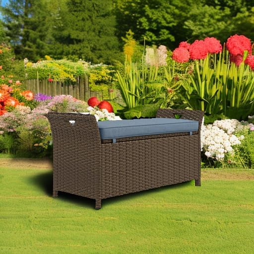 Outdoor Rattan Wicker Storage Bench with Cushion, Patio Storage Deck Box for Outdoor Furniture Cushions, Garden Tools (Dark Blue)