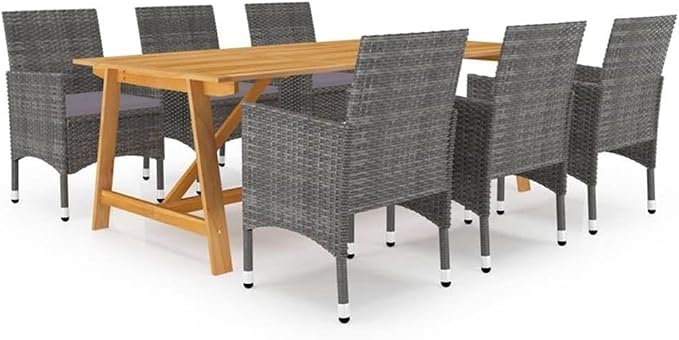 Afuera Living 7-Piece Patio Dining Set, Solid Acacia Wood Table, Powder-Coated Metal Frame, Oiled Gray Finish, Cushioned Rattan Chairs, Weather-Resistant Outdoor Seating for Garden or Backyard Use