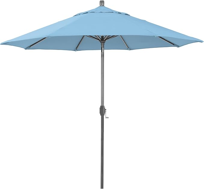 California Umbrella 12-Year-Non-Fading, 9Ft Premium Sunbrella Patio Umbrella, Hand-Crank, Button-Tilt, Gray Frame, Air Blue Fabric