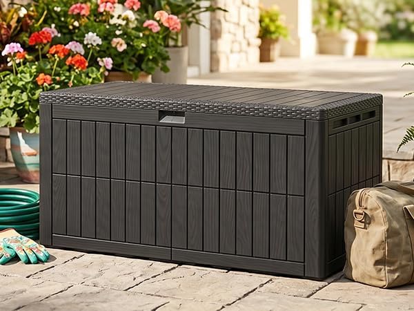 100 Gallon Outdoor Storage Box, Water proof Resins Deck Box with Lockable Lid, U V Resistants for Patio Furniture Garden Tools Pool Supplies 160x77x68cm / 63.0x30.3x26.8in
