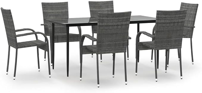 7 Piece Patio Dining Set Gray Poly Rattan Outdoor Furniture with Tempered Glass Tabletop and Stackable Chairs