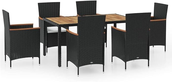 7-Piece Outdoor Dining Set, Rectangular PE Rattan Patio Furniture Set with Acacia Wood Tabletop and 6 Cushioned Chairs for Garden, Backyard and Terrace, Black