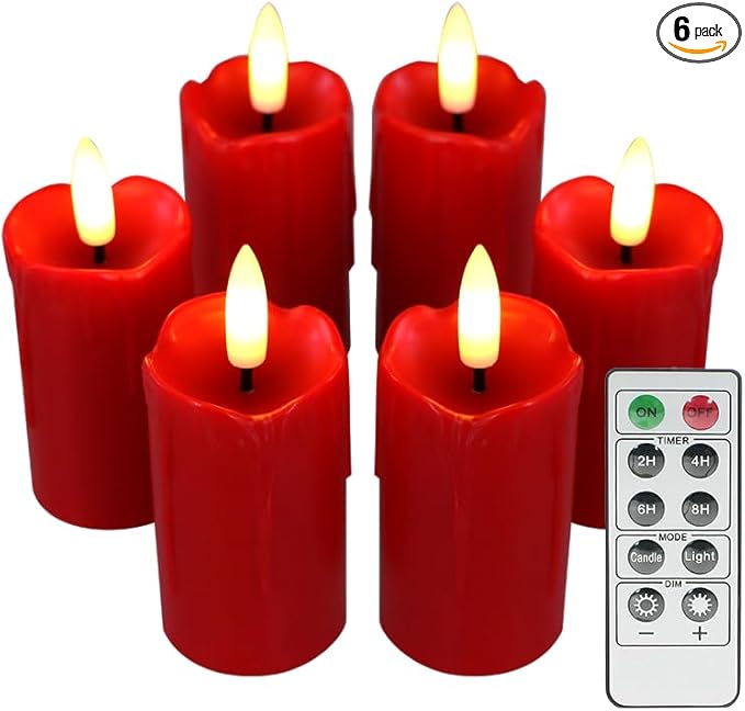 QIDEA Flameless LED Red Votive Candles with Timer Drips Battery Operated Flickering Decorative Candle Lights for Xmas Christmas Wedding Party Decor, 3.5”x1.5”, 6-Pack