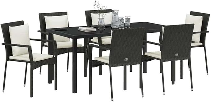 Afuera Living 7-Piece Outdoor Garden Dining Set, Poly Rattan, Black Finish, Cushioned Seating for 6, Tempered Glass Tabletop, Weather-Resistant, Modern Patio Furniture for Dining & Entertaining