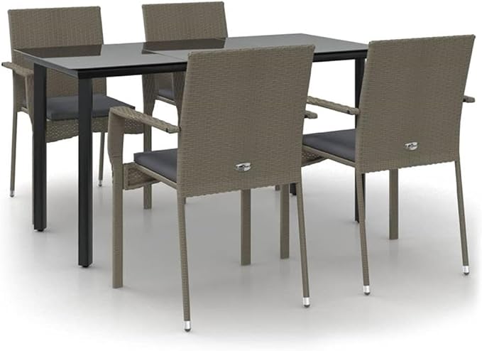 BOWERY HILL 5-Piece Garden Dining Set, PE Rattan and Powder-Coated Steel, Black and Gray Finish, Rectangular Table with 4 Cushioned Chairs, Weather-Resistant Outdoor Patio Furniture
