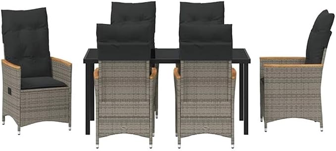 Afuera Living 7 Piece Poly Rattan Patio Dining Set, Gray Finish, Steel Frame with Powder-Coated Coating, Tempered Glass Table, Removable Cushioned Seats, Modern Outdoor Furniture for Garden or Patio