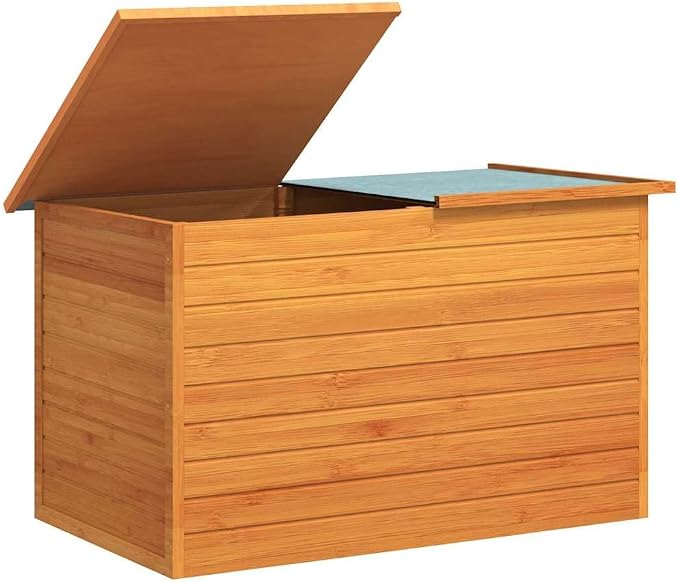 Outdoor Storage Box 49.6 inch Wood Deck Chest with Waterproof Roof for Patio Garden Cushion Blanket Organizer Brown