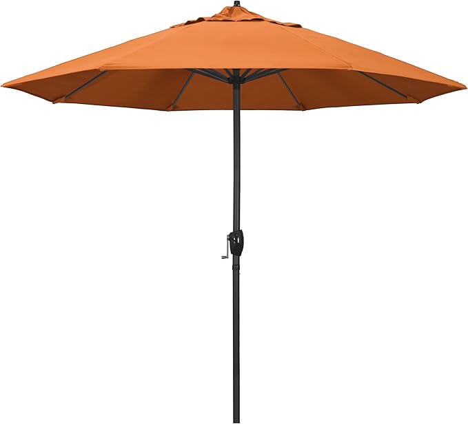 California Umbrella 12-Year Protection 9' Rd Aluminum Patio Umbrella, Crank Lift, Auto Tilt, Black Finish, Sunbrella Tangerine