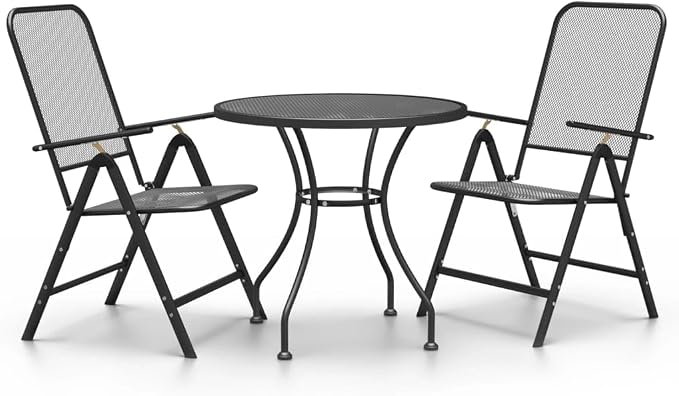 3 Piece Patio Dining Set Expanded Metal Mesh Anthracite Outdoor Folding Chairs with 7 Position Adjustable Backrest E-Coating Weatherproof Table for Garden Balcony Backyard