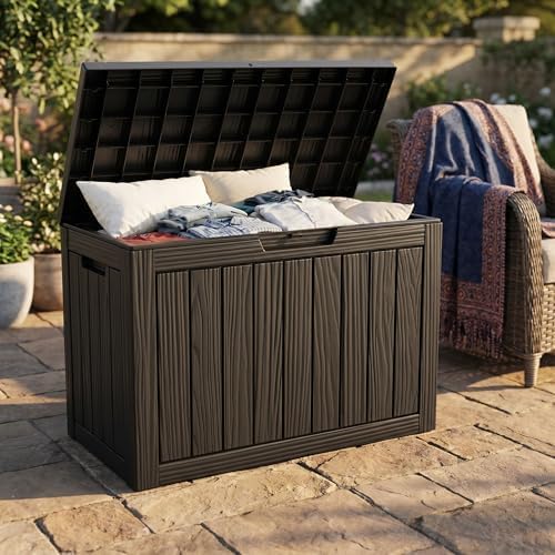 45 Gallon Deck Box, Waterproof Resin Outdoor Storage Box with Lockable Lid, Patio Storage Box Featuring Fade Resistant for Patio Furniture Cushions, Pool Accessories, Garden Tools, Black