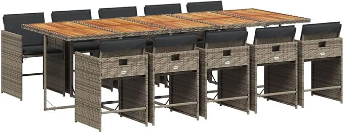 11 Piece Patio Dining Set with Cushions Gray Poly Rattan Outdoor Furniture Table and 10 Chairs for Backyard Garden Deck Dining Relaxing UV-Proof Acacia Wood Foldable heavy-duty 242. 5 lb Capacity