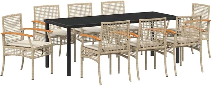 9-Piece Outdoor Garden Dining Set, Patio Rattan Furniture with Cushions, Modern Beige and Black Table and 8 Chairs for Backyard Terrace