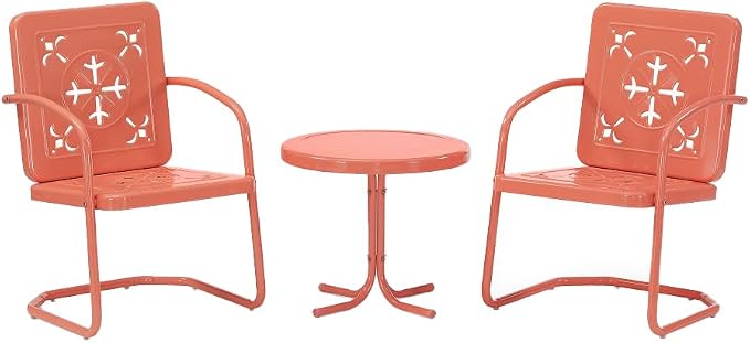 Crosley Furniture Azalea 3-Piece Vintage Outdoor Chair and Side Table Set, Retro Metal Patio Conversation Sets, Coral Gloss
