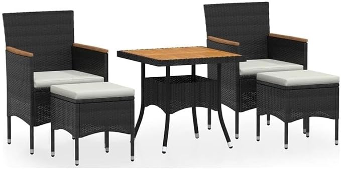 BOWERY HILL 5-Piece Garden Dining Set, Black and Cream White Poly Rattan, Square Table with Cushioned Chairs, Powder-Coated Finish, Durable Indoor/Outdoor Patio or Balcony Furniture for Entertaining