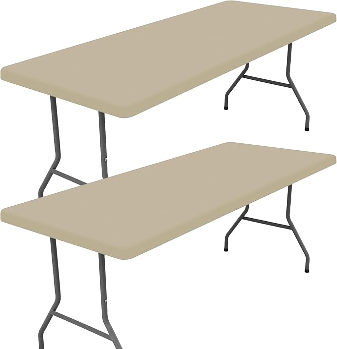 Moosfor Spandex 6 Foot Rectangle Table Cloth 2 Pack, Elastic Fitted Tablecloths for Picnic, Stretch Washable Patio Table Cover for Outdoor, Camping, Banquet and Parties (Taupe, 18"x72")