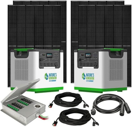 Nature's Generator Lithium 3600 240V Gold Pro PE,2x Lithium 3600 + Combiner + 4x 410w Panels + 12 Circuit Power Transfer Switch + 2 x 50' Cable