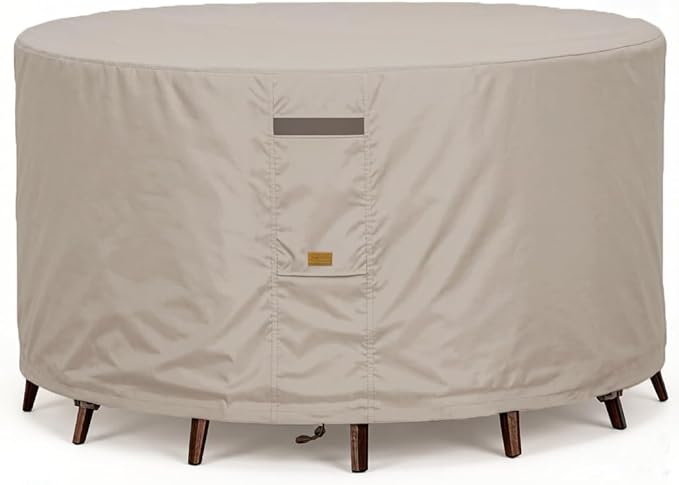 600D Heavy Duty Waterproof Patio Furniture Covers UV Resistant Round Outdoor Table Chair Covers Large Round 96"Diax28"H Beige