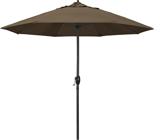 California Umbrella 12-Year Protection 9' Rd Aluminum Patio Umbrella, Crank Lift, Auto Tilt, Black Finish, Sunbrella Cocoa